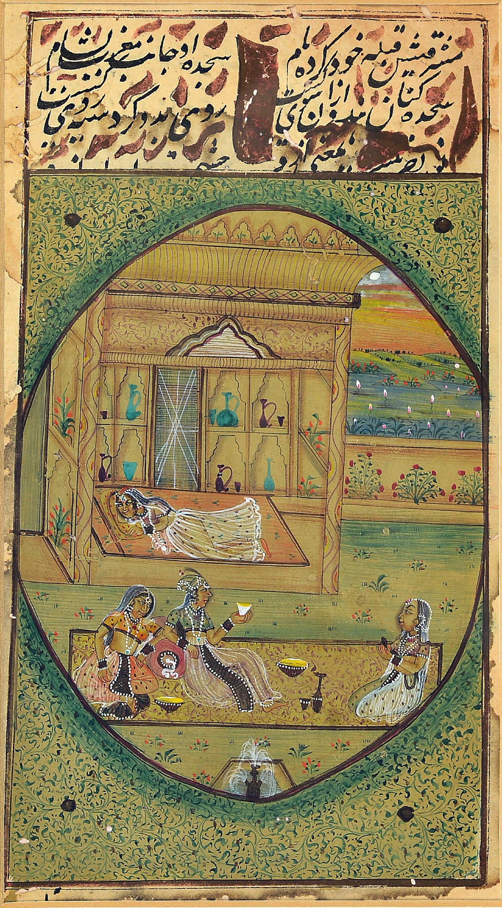 Image 27122214 - 3 Miniaturmalereien/Buchmalerei, 19.Jh., indo-persisch, Herrscher mit Damen, z.T. ...
