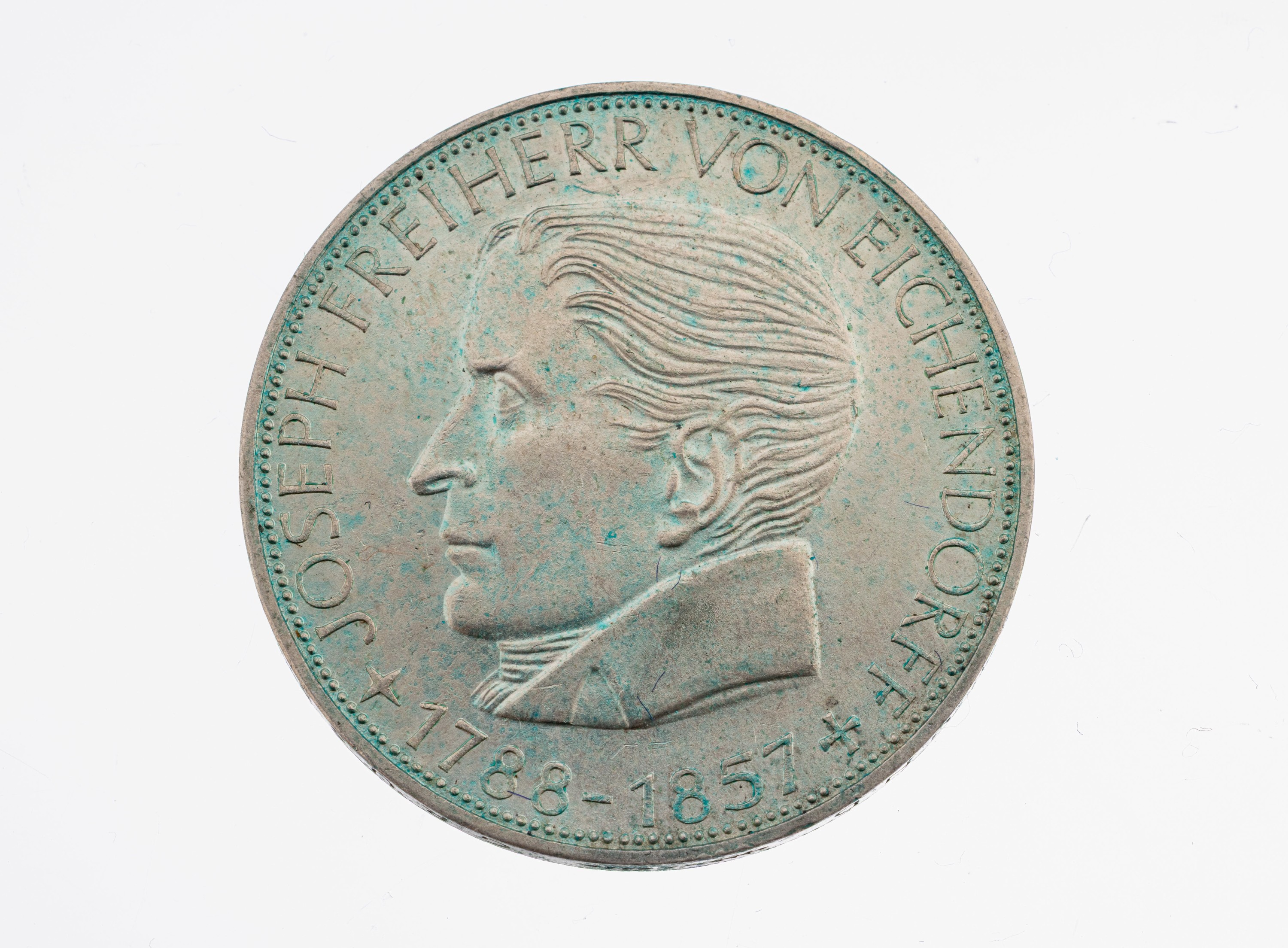 Image 27122324 - Silbermünze, 5 Mark, Deutschland , 1957, Joseph Freiherr von Eichendorff, angelaufen