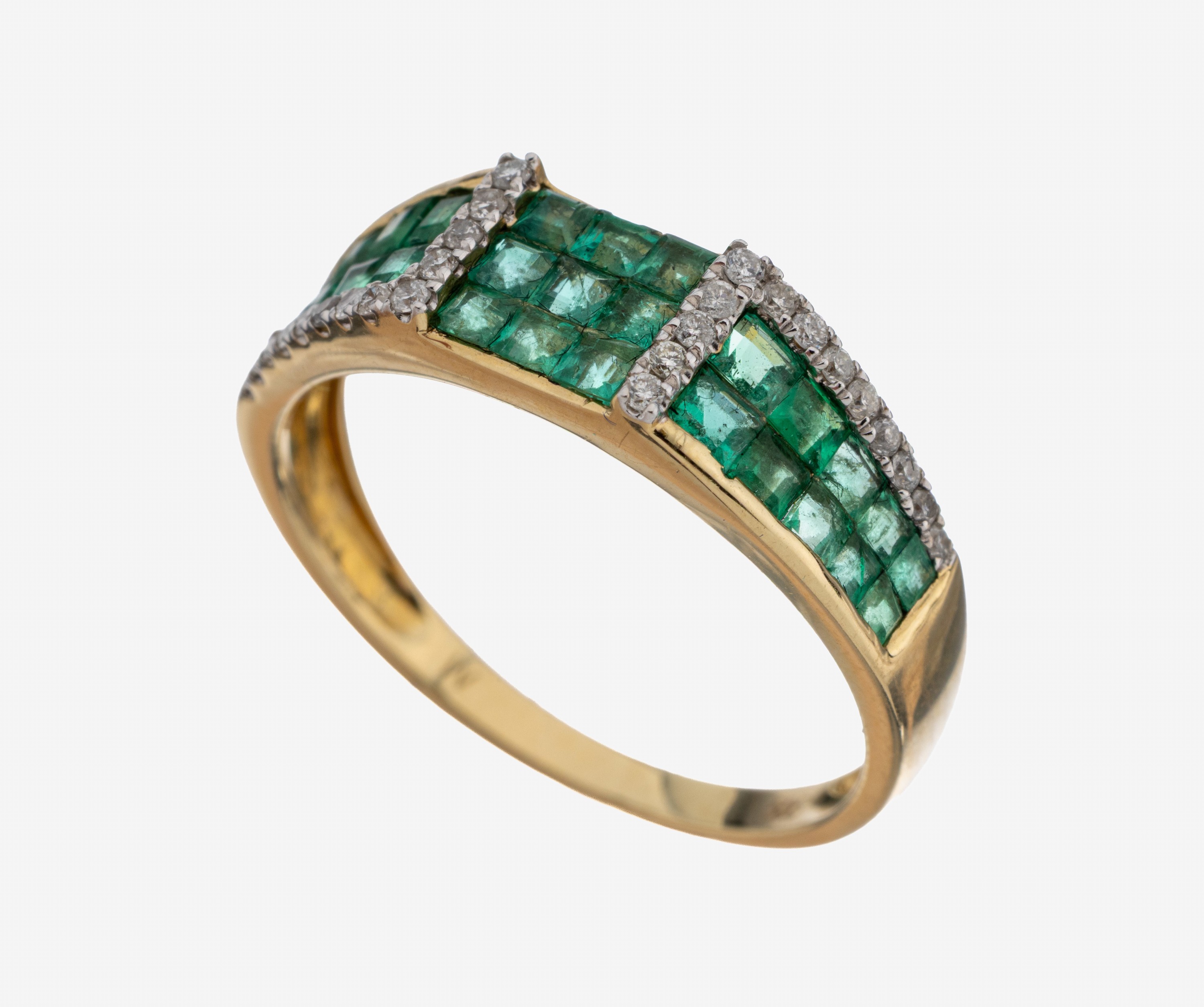 Image 27122333 - 14 kt gold emerald-brilliant-ring , YG 585/000, 29 emerald-squares total approx. 0.80ct, ...