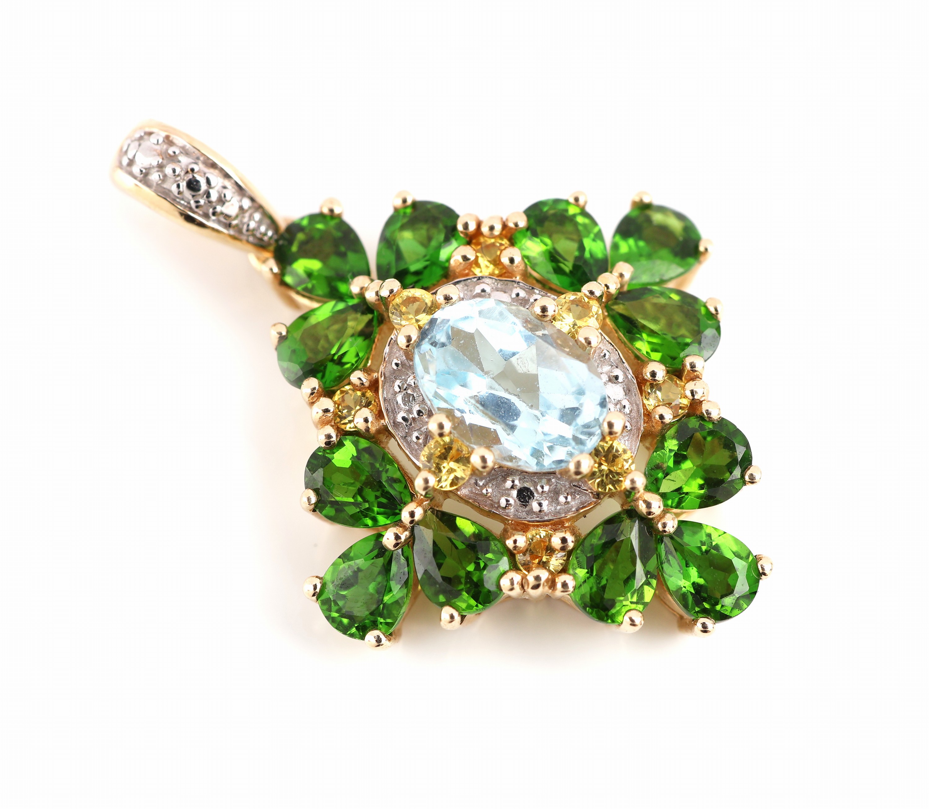 Detail a: 14 kt Gold Aquamarin-Tsavorith-Citrin- Anhänger, GG 585/000, mittig ovalfacett. Aquamarin ca. 0.80 ct, 12 facett. Tsavorith- Tropfen zus. ca. 3.0 ...