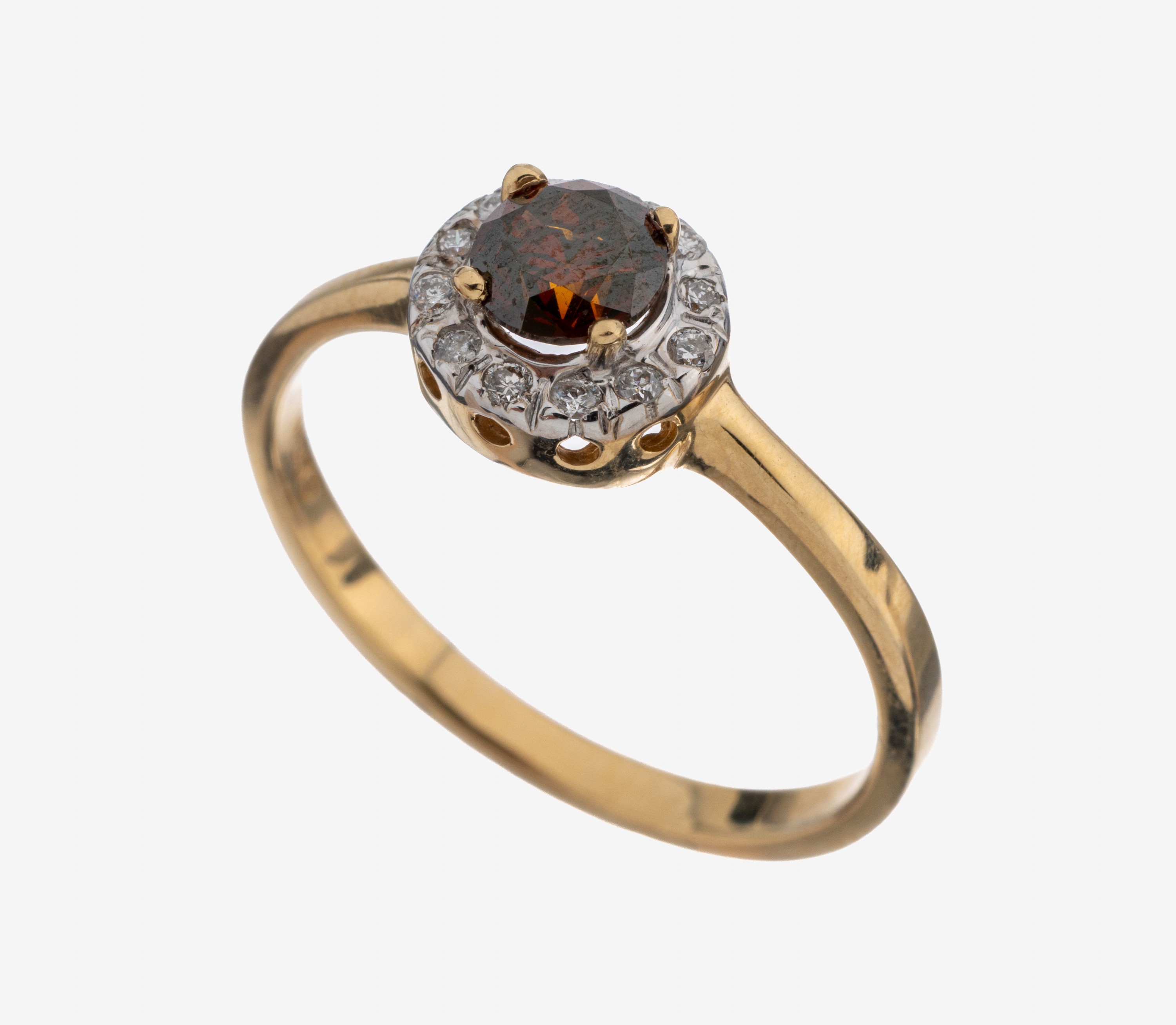 Image 27122336 - 14 kt Gold Brillant-Ring, GG 585/000, mittig Brillant ca. 0.50 ct Rot (beh.)/p, umgeben ...