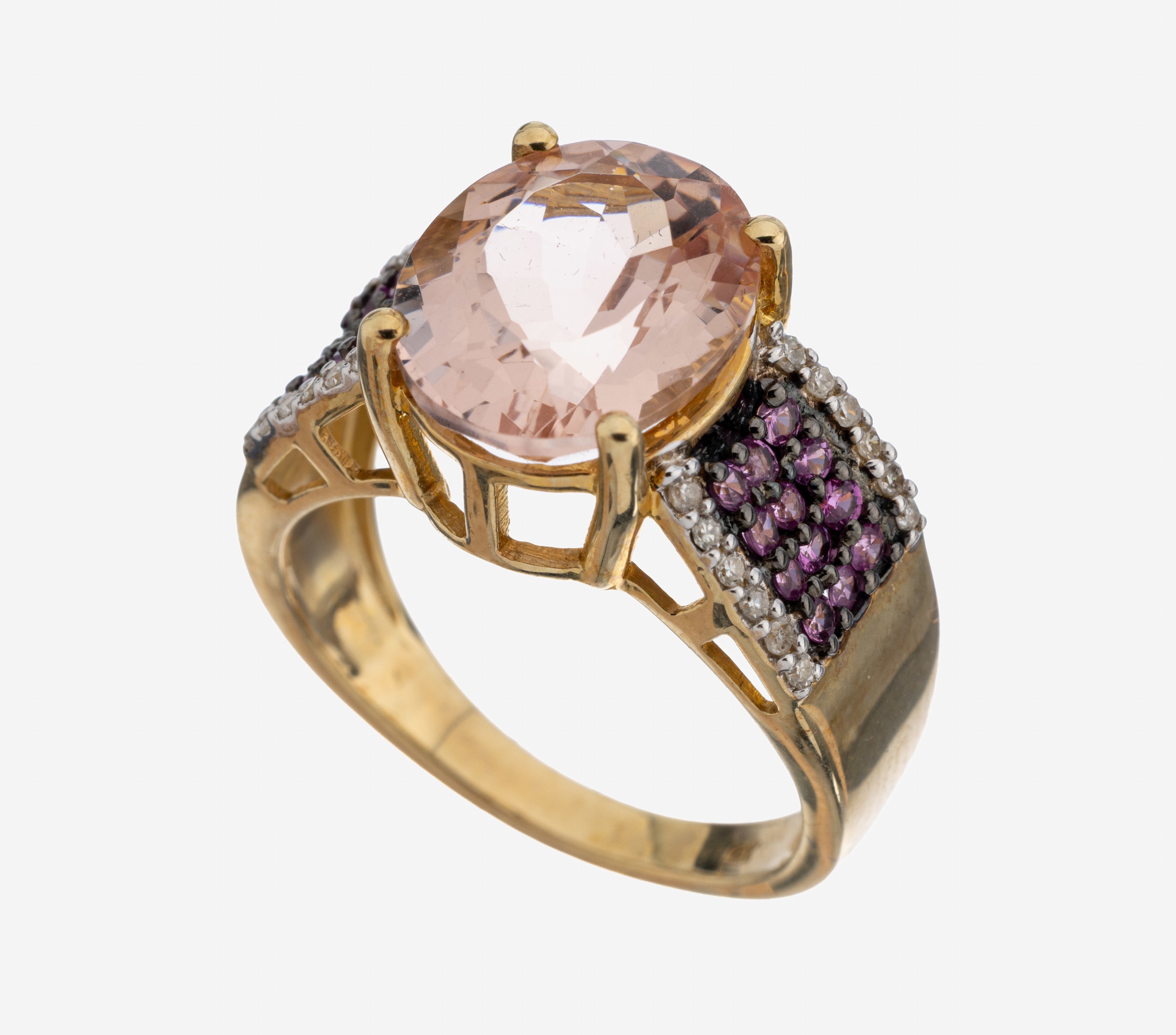Image 27122344 - 9 kt gold morganite-sapphire-diamond-ring , YG 375/000, centered oval bevelled morganite ...