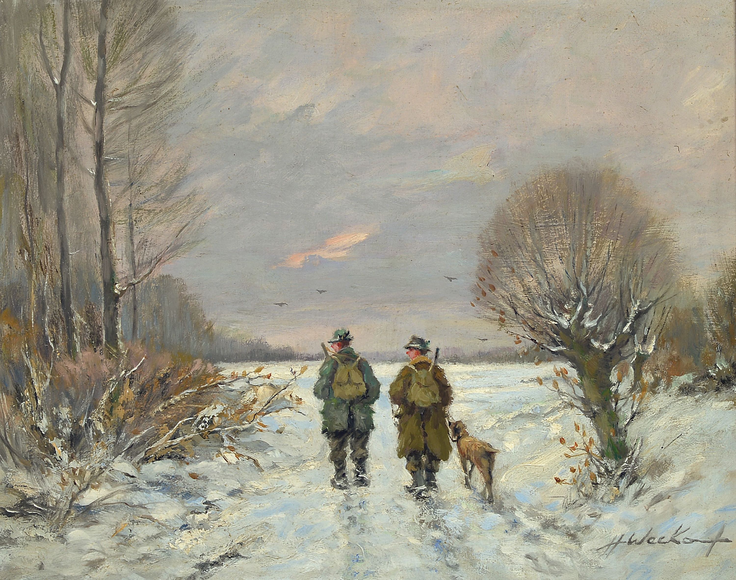 Image 27122376 - Heinrich Weckauf, 1885-1963, Zwei Jäger in verschneiter Landschaft, rechts unten ...