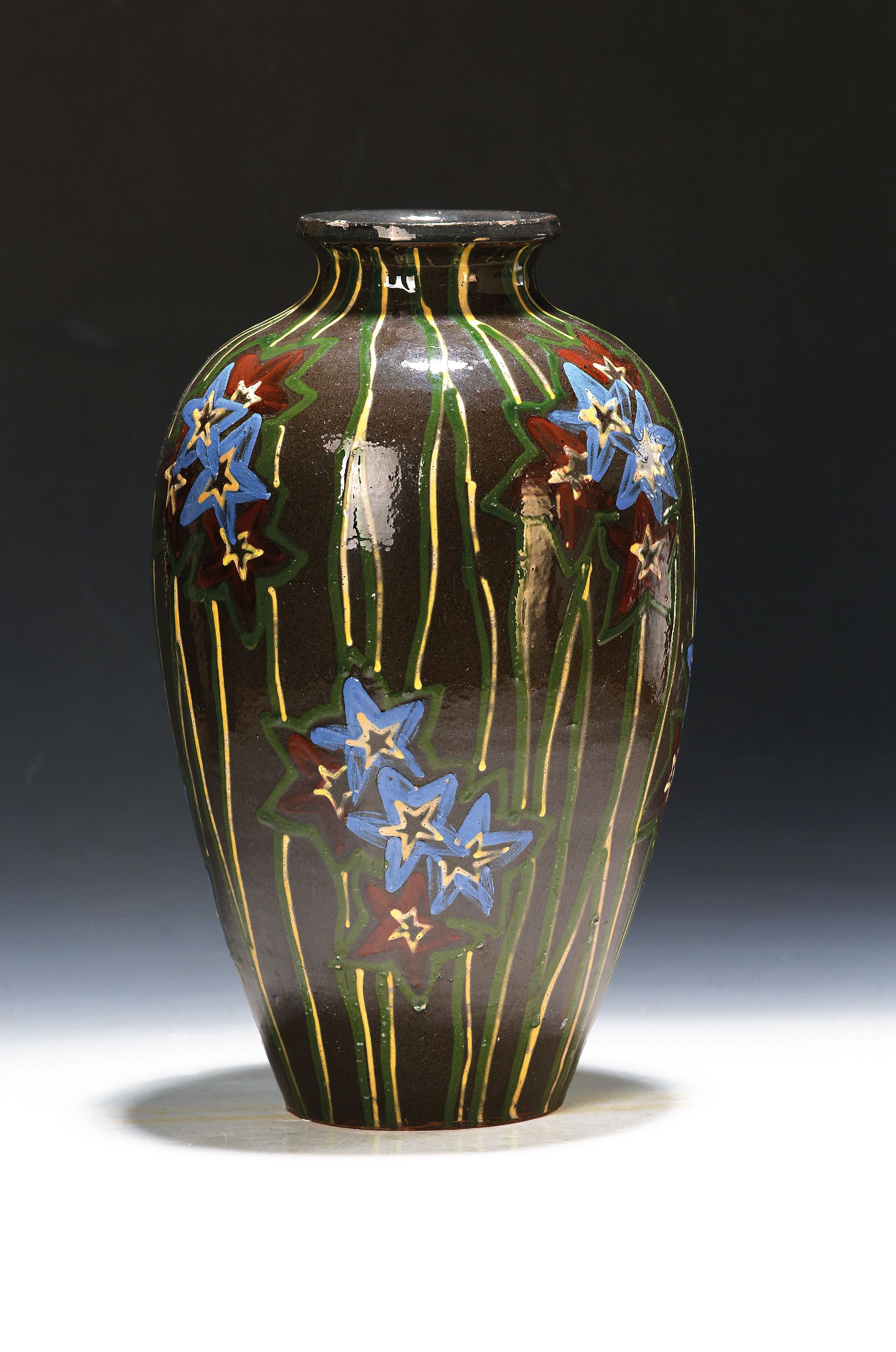 Image 27122398 - Große Vase, Ernst Huber-Roethe, Villingen, rotbraune Majolika, bunte florale ...
