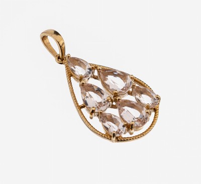 Image 14 kt gold morganite-pendant , YG 585/000, 6bevelled morganite-pears total approx. 1.50 ...