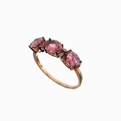 Image 14 kt gold tourmaline-diamond-ring , YG 585/000, 3 oval bevelled tourmalines total ...