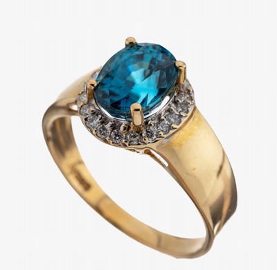 Image 14 kt Gold Zirkon-Brillant-Ring, GG 585/000, mittig erhaben gefasster ovalfacett. ...