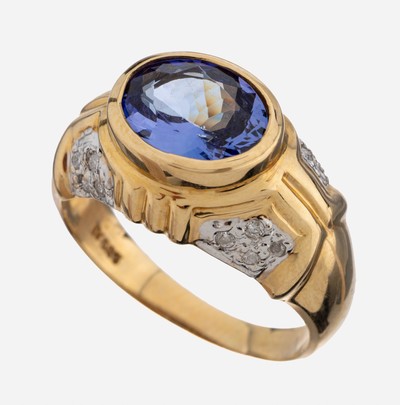 Image 14 kt gold tanzanite-brilliant-ring , YG 585/000, oval bevelled tanzanite approx. 2.0 ...