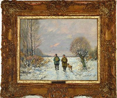 27122376k - Heinrich Weckauf, 1885-1963, Zwei Jäger in verschneiter Landschaft, rechts unten ...