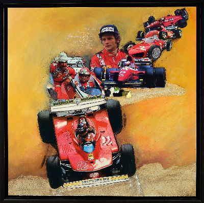 27122397l - Werner Menrad, geb. 1936, Serie aus 6 Arbeiten zu Formel 1, Collage aus Offset, Sand und ...