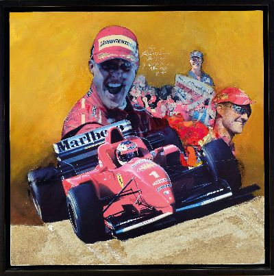27122397m - Werner Menrad, geb. 1936, Serie aus 6 Arbeiten zu Formel 1, Collage aus Offset, Sand und ...