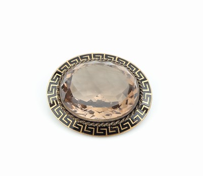 27122464a - Rauchquarz-Brosche, um 1920, Metall verg., mittig gr. ovalfacett. Rauchquarz, schlichte ...