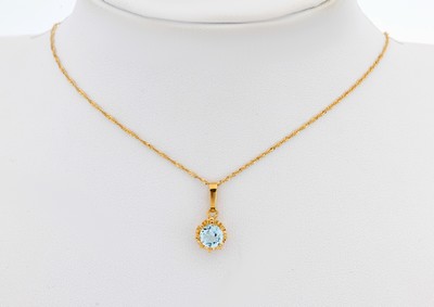 27122465a - 14 kt Gold Topas-Anhänger, GG 585/000, schlichtes Design, rundfacett. Blautopas ...