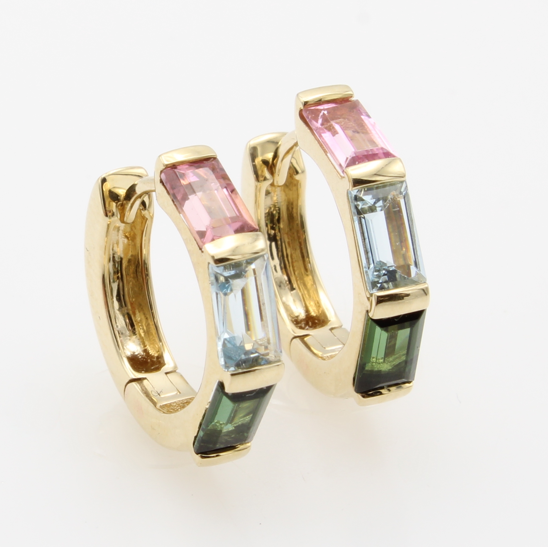 Image 27122617 - Paar Klappcreolen mit Farbsteinen, GG 585/ 000, 4 Turmaline u. 2 Aquamarine zus. ca. ...