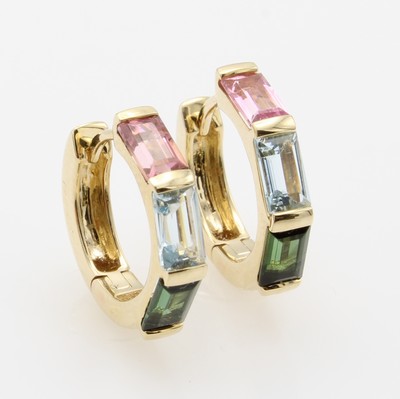 Image Paar Klappcreolen mit Farbsteinen, GG 585/ 000, 4 Turmaline u. 2 Aquamarine zus. ca. ...
