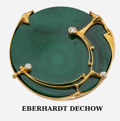 Image 18 kt gold malachite-brilliant-brooch , YG 750/000, abstract design, round malachite- ...