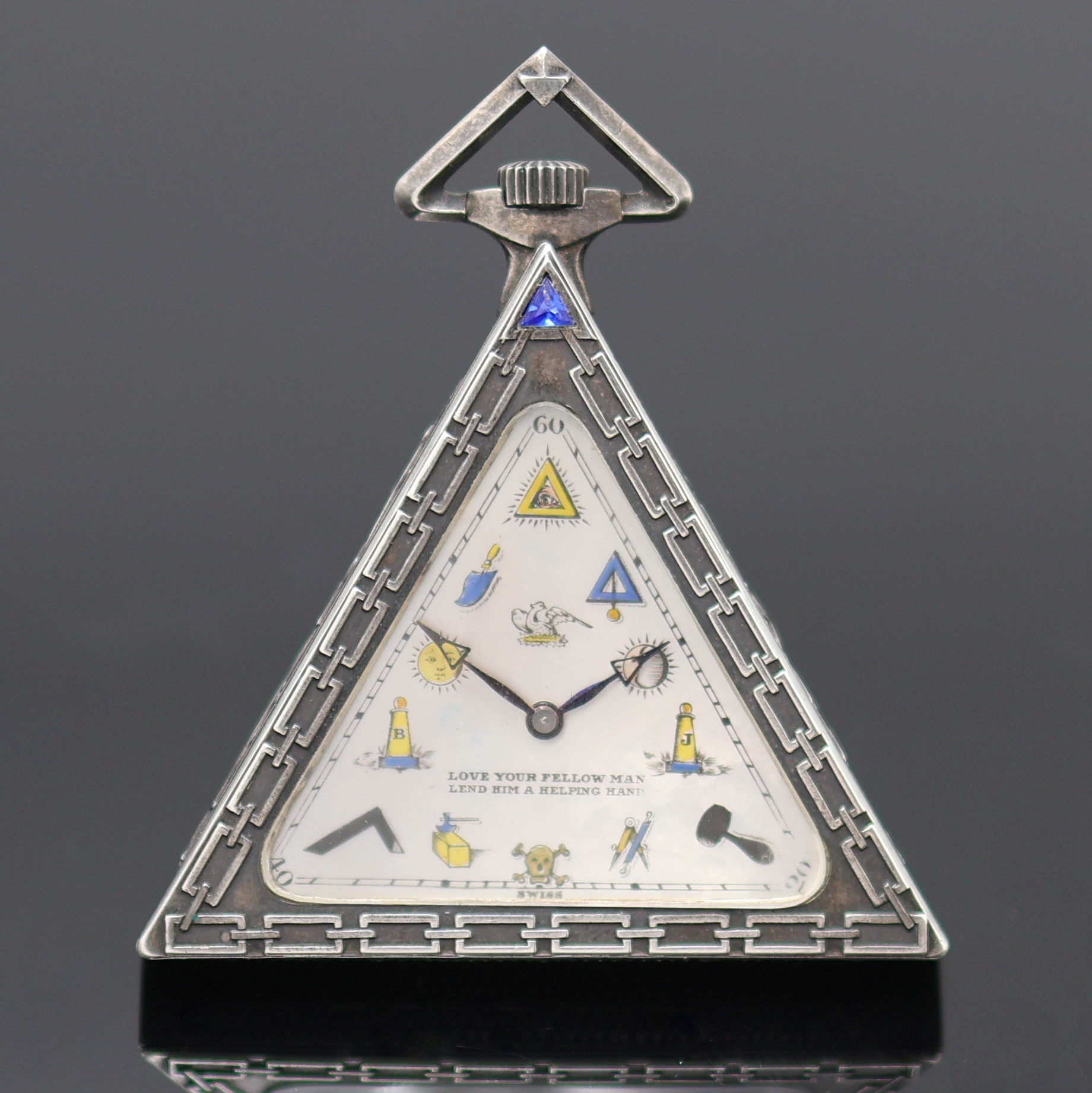 Detail a: SOLVIL WATCH CO / G. SCHWAB_LOEILLE Freimaurer Taschenuhr in Sterlingsilber, Schweiz um 1930, aufw. 3-eckiges Geh. mit Freimaurersymbolik, unter ...