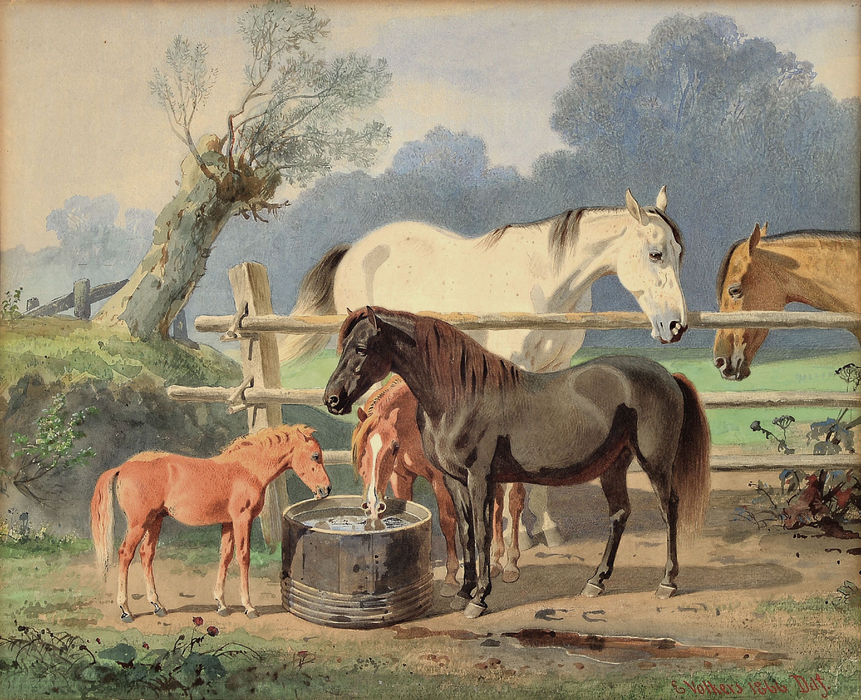 Image 27122714 - Emil Volkers, 1831 Birkenfeld-1905 Düsseldorf, Pferde und Fohlen an der Tränke, ...