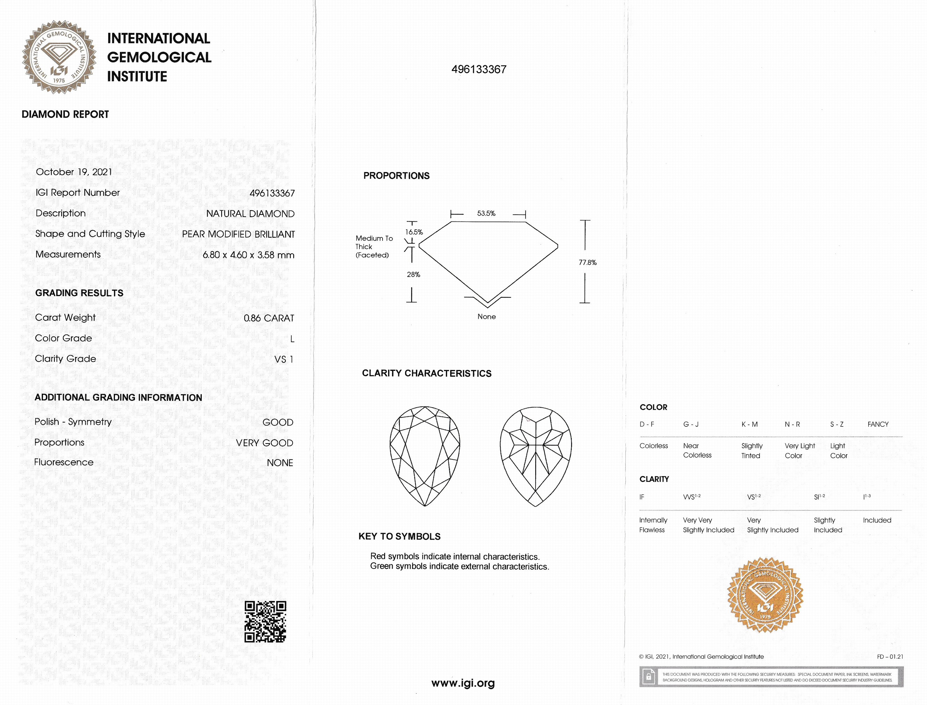 Detail a: Loser Diamant 0.86 ct getöntes(L)/vs1, Tropfen, Politur und Symmetrie gut, eingeschweißt, mit IGI-Expertise