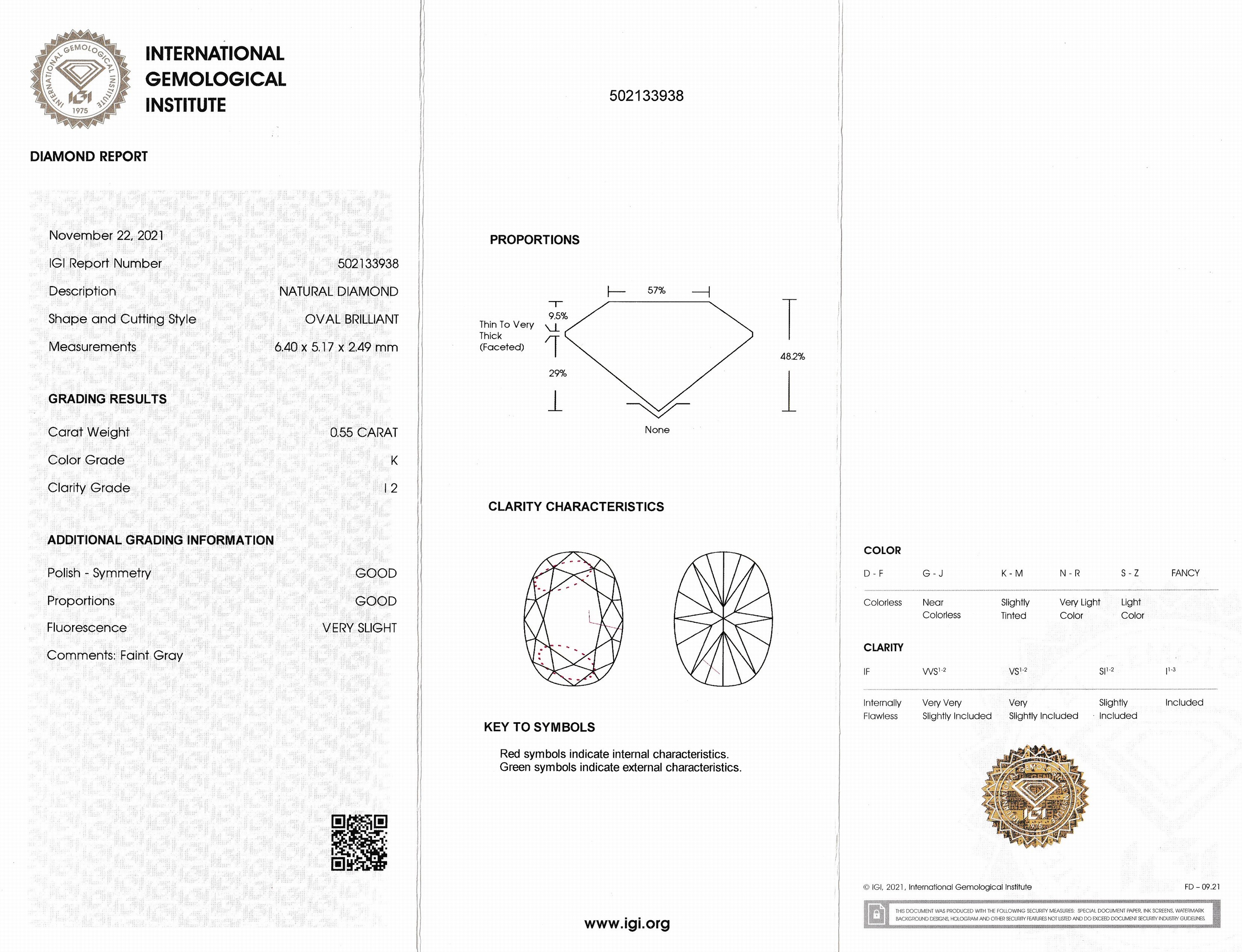 Detail a: Loser Brillant 0.55 ct getöntes Weiß(K) faint Gray/p2, oval, Politur und Symmetrie gut, eingeschweißt, mit IGI-Expertise