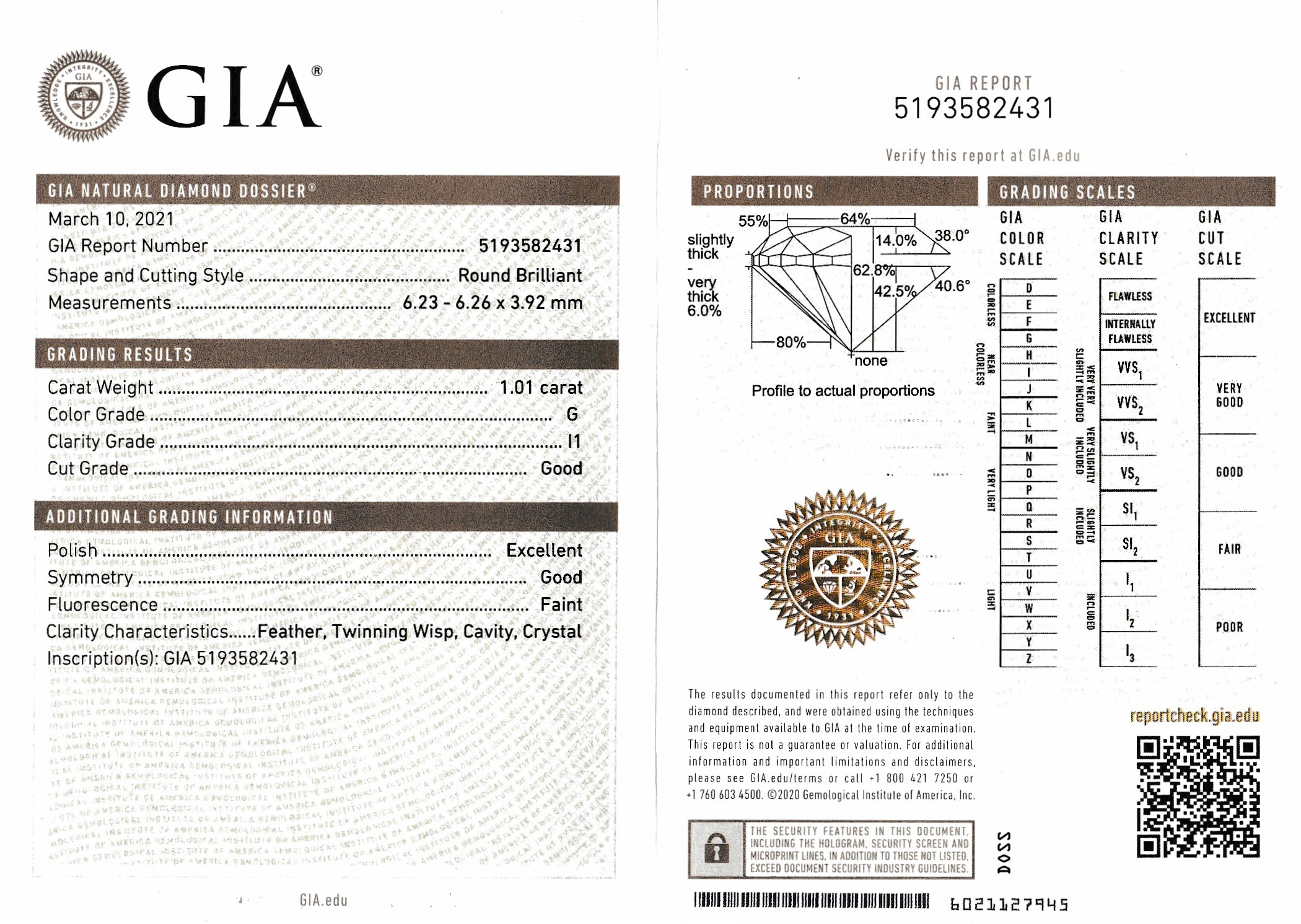 Detail b: Loser Brillant 1.01 ct feines Weiß (G)/p1, mit GIA-Expertise