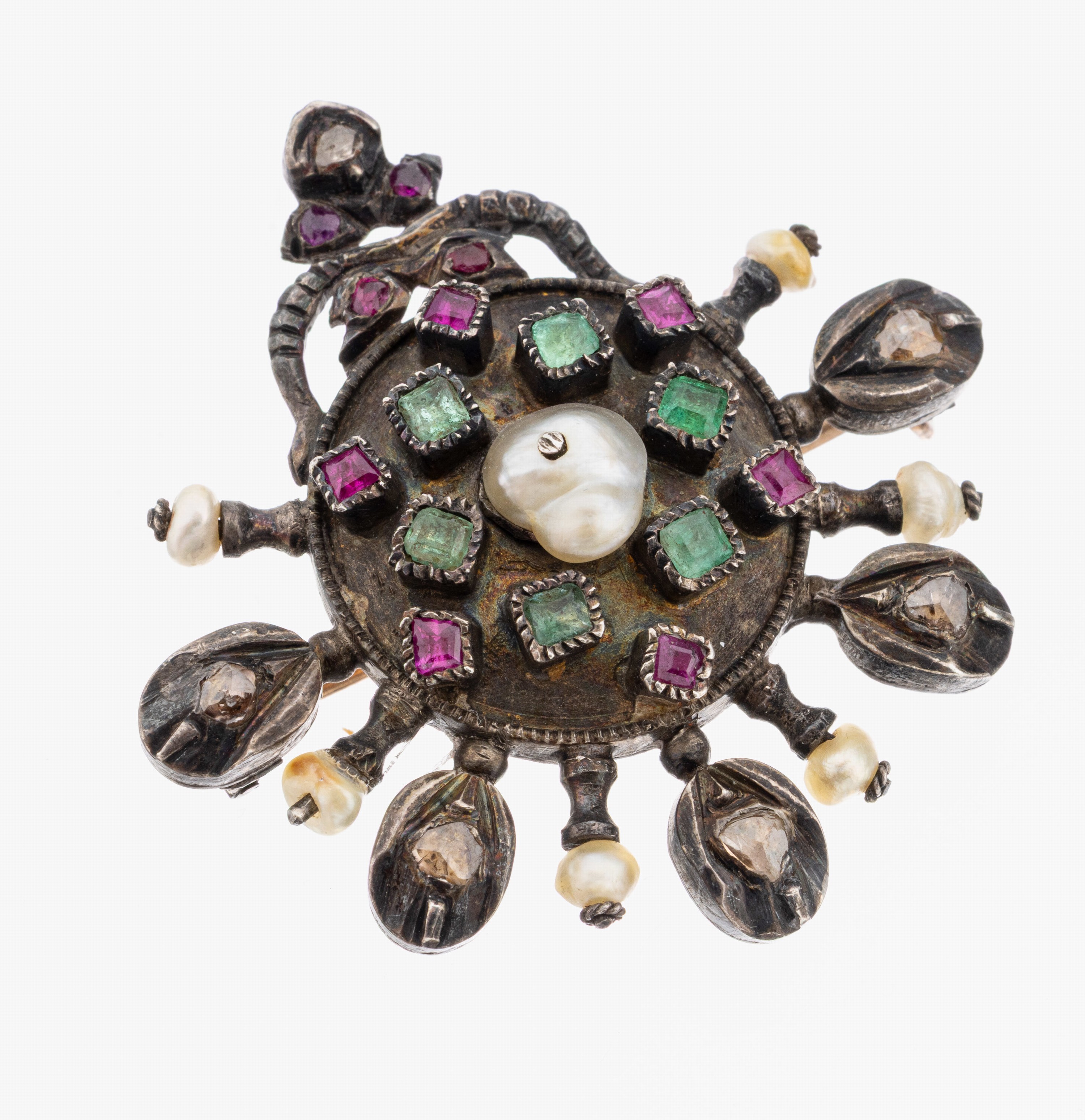 Image 27122758 - 14 kt Gold und Silber Smaragd-Rubin-Diamant- Perl-Brosche, um 1850-60, GG 585/000 ...