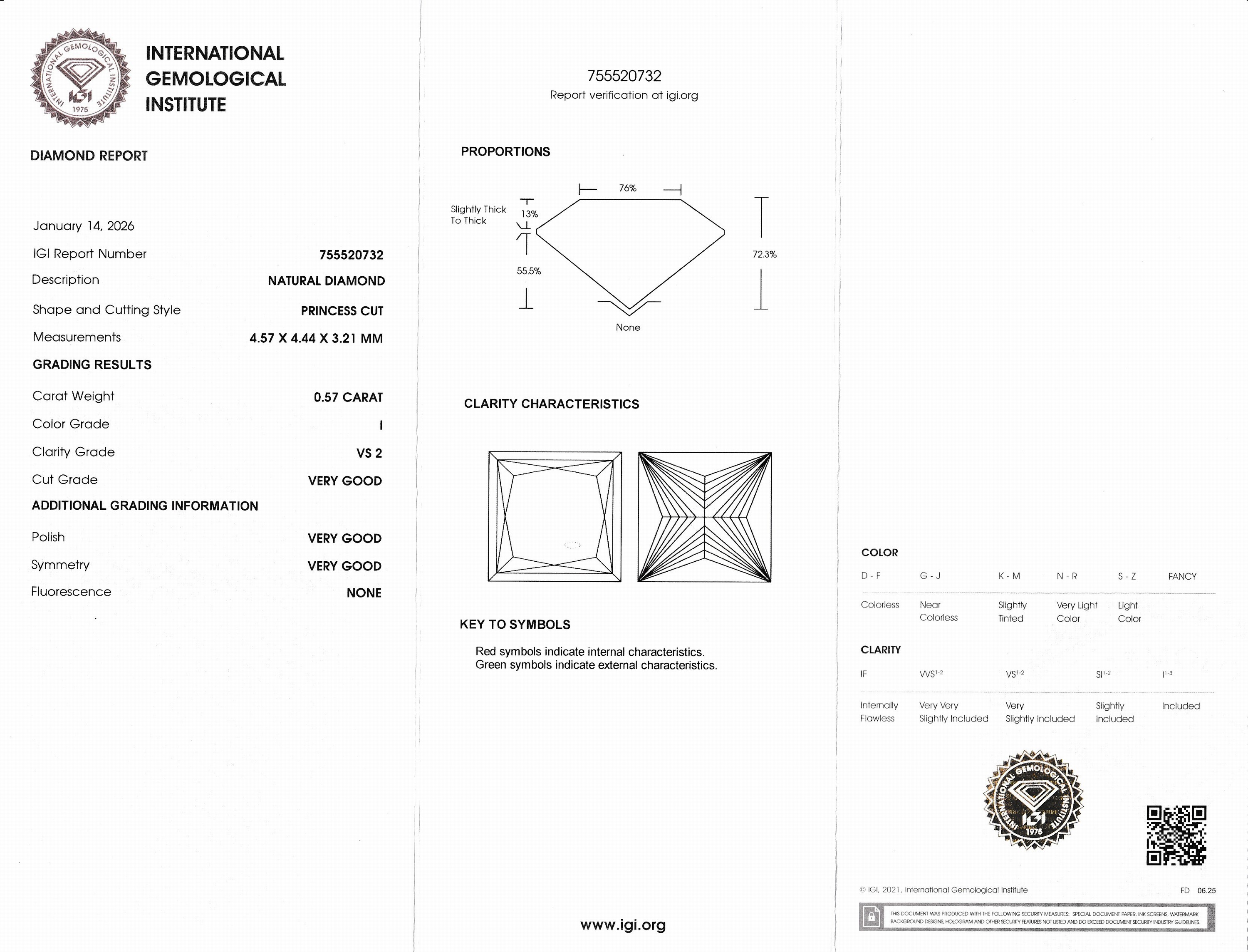 Detail a: Loser Diamant 0.57 ct leicht getöntes Weiß(I)/vs2, Princess-Cut, Politur und Symmetrie sehr gut, eingeschweißt, mit IGI-Expertise