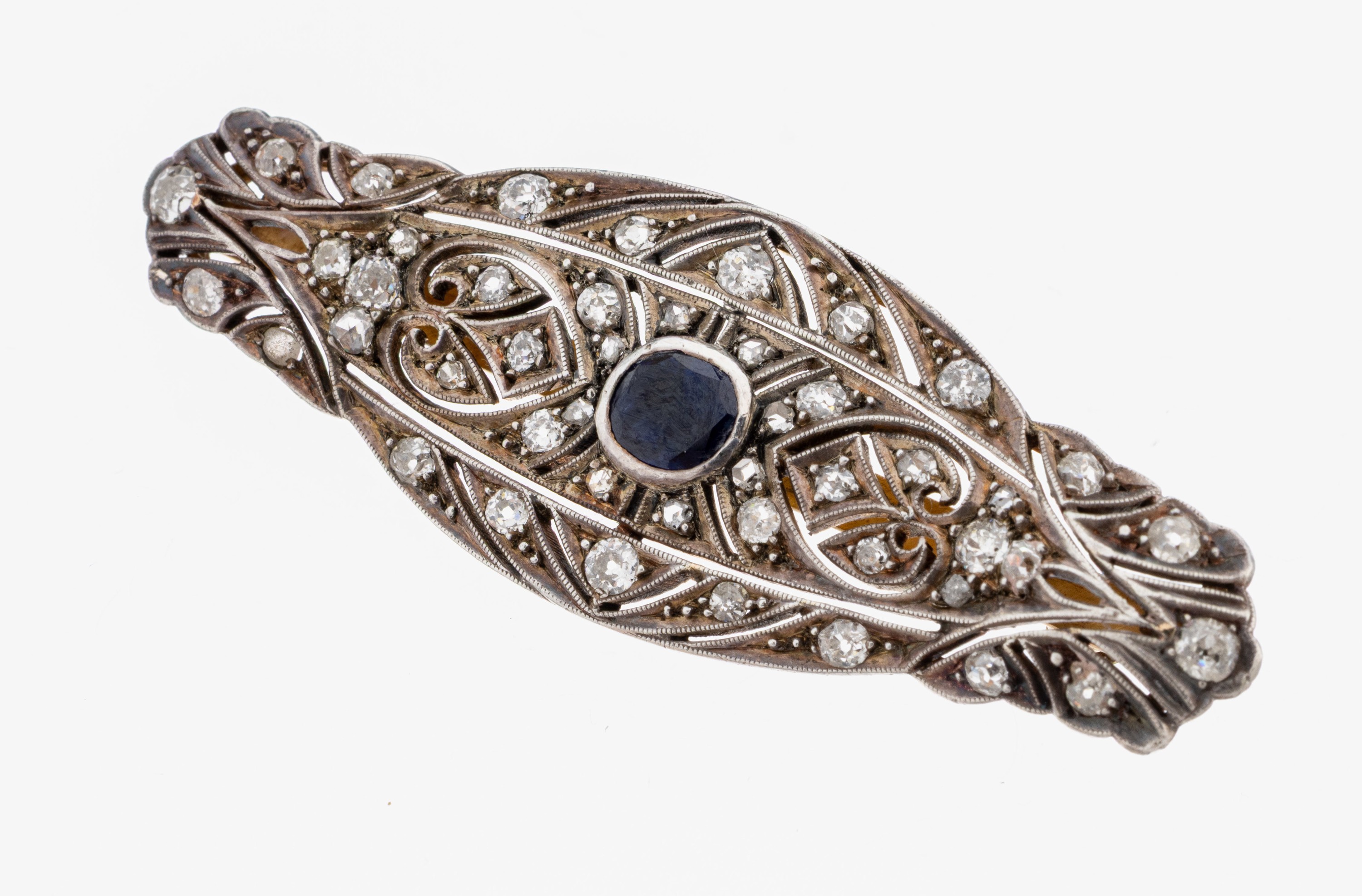 Image 27122760 - 14 kt Gold Saphir-Diamant-Brosche, Österreich,um 1900-10, GG 585/000, schauseitig ...