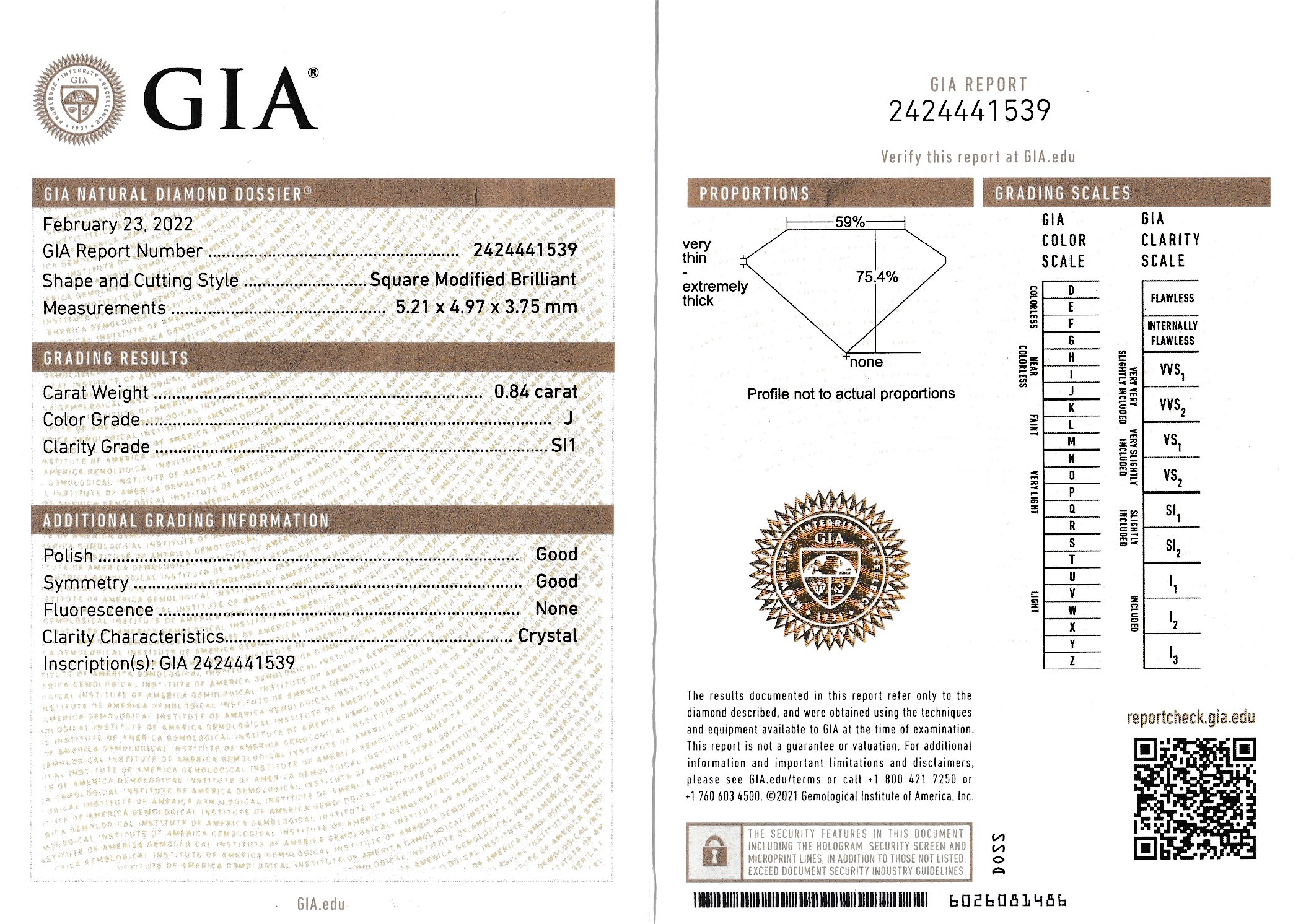 Detail b: Loser Diamant 0.84 ct leicht getöntes Weiß(J)/si1, Princess-Cut, Politur und Symmetrie gut, mit GIA-Expertise