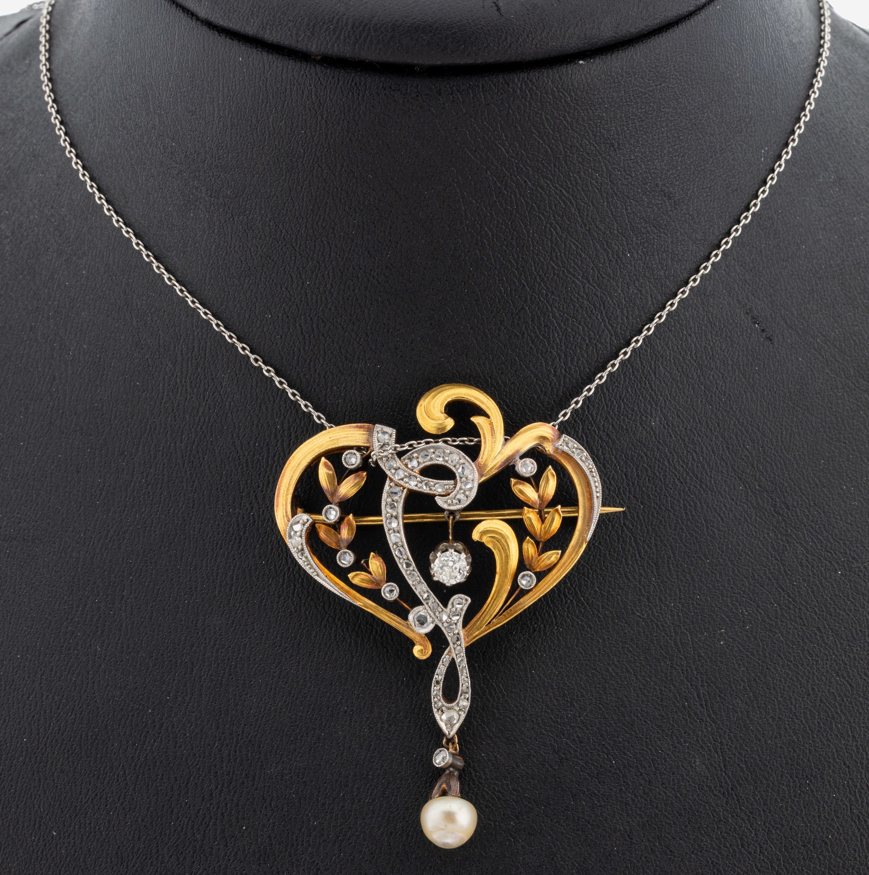 Image 27122764 - 18 kt Gold Jugendstil Diamant-Perl-Collier, um1900-10, GG 750/000 gepr., geschwungenes ...