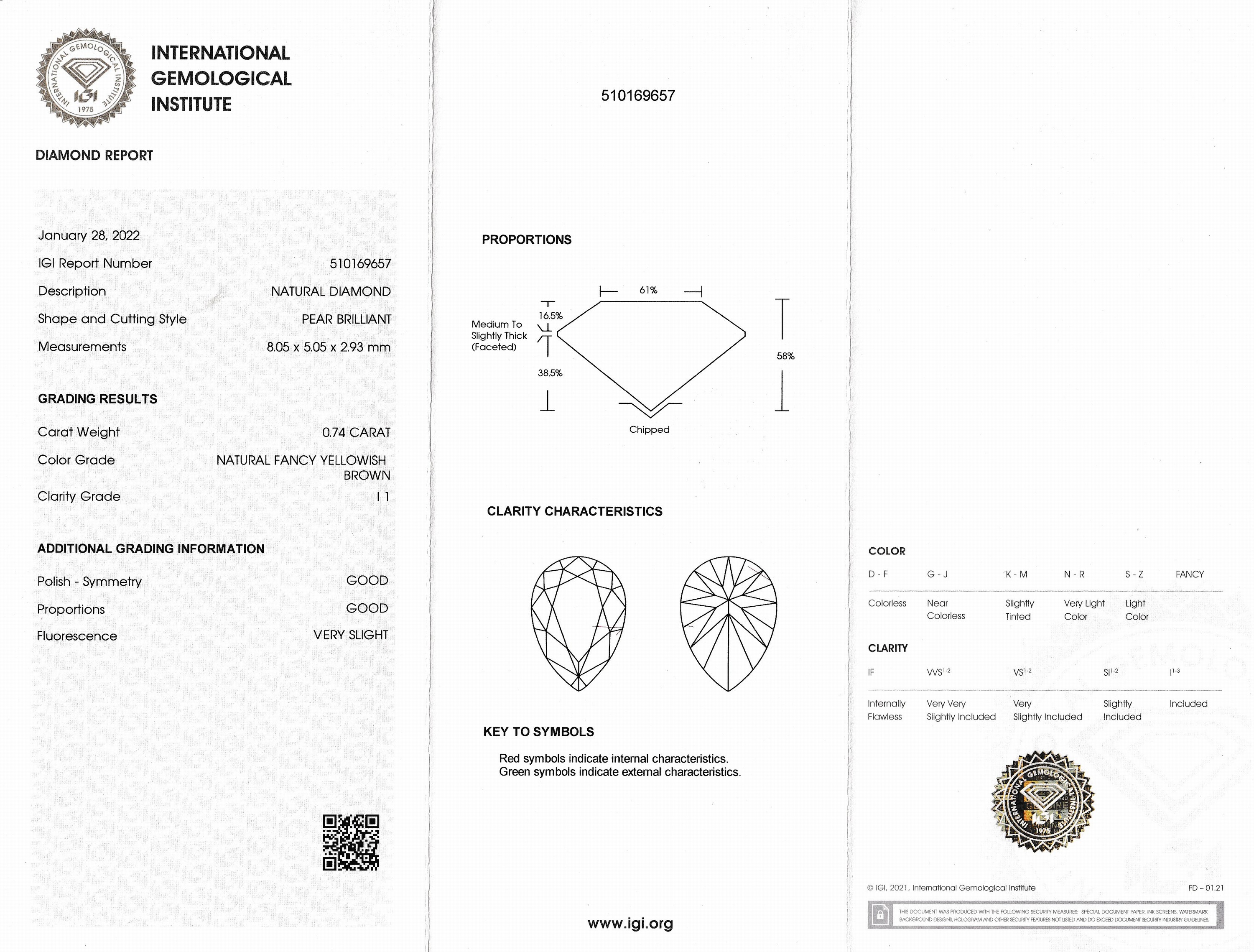 Detail a: Loser Diamant 0.74 ct Natural Fancy yellowish Brown/p1, Tropfen, Politur und Symmetrie gut, eingeschweißt, mit IGI-Expertise
