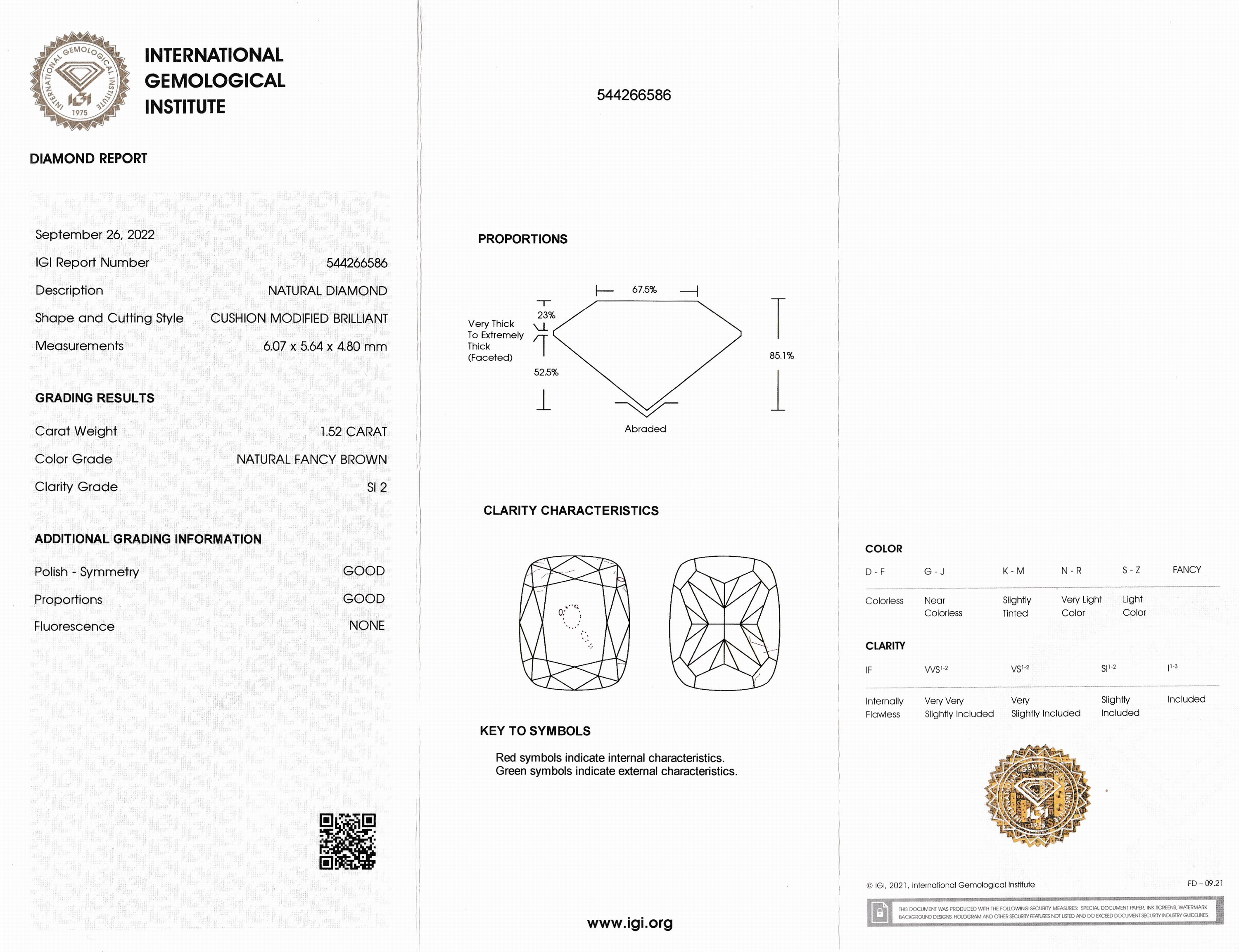 Detail a: Loser Diamant 1.52 ct Natural Fancy Brown/si2,Kissenschliff, Politur und Symmetrie gut, eingeschweißt, mit IGI-Expertise