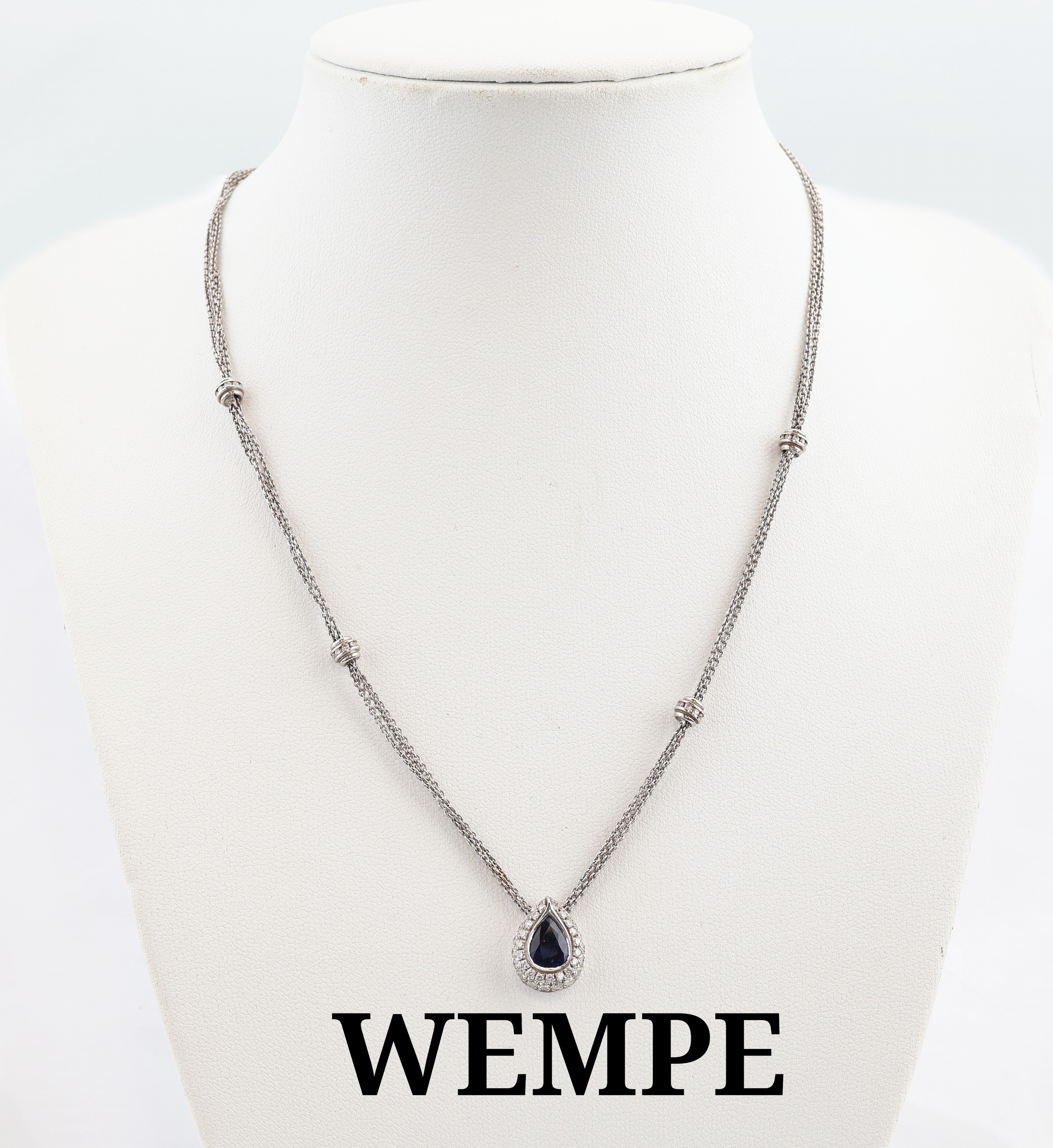 18 kt Gold WEMPE Saphir-Brillant-Collier, WG 750/000, tropfenf. Mittelteil mit facett. Saphirtropfen ca. 1.20 ct, schöne Farbe, umgeben von ...