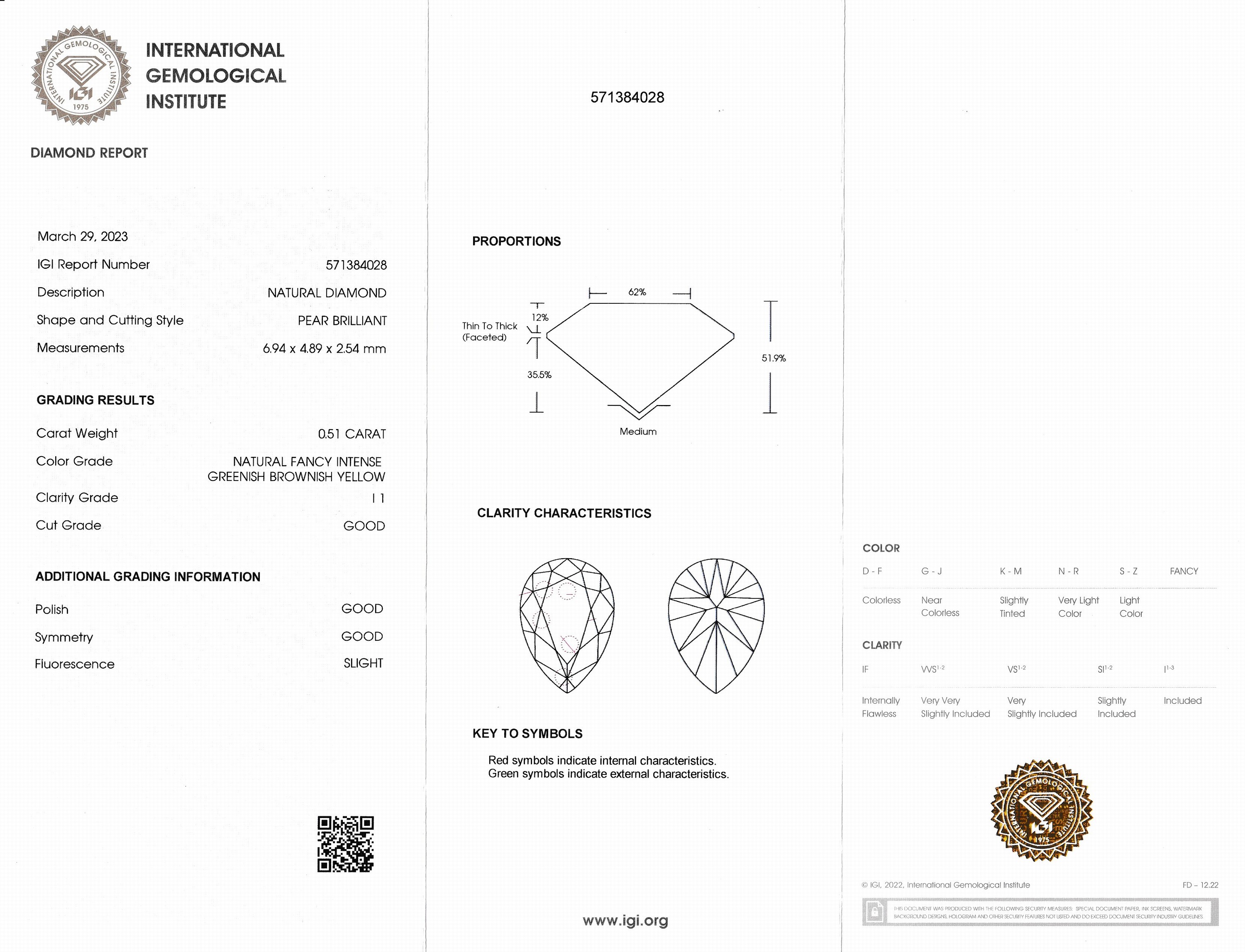 Detail a: Loser Diamant 0.51 ct Natural Fancy intense greenish brownish Yellow/p1, Tropfen, Politur und Symmetrie gut, eingeschweißt, mit IGI- Expertise