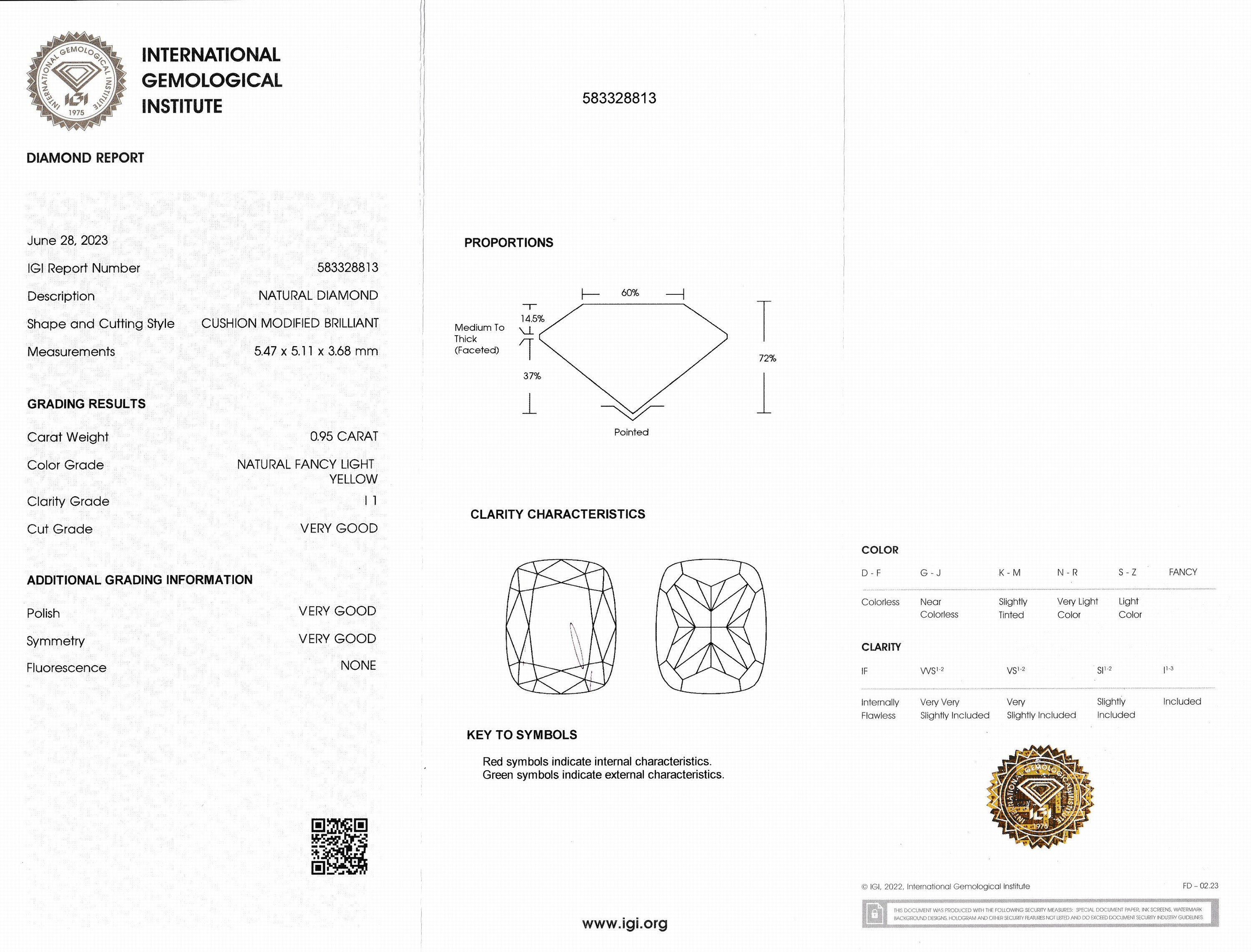 Detail a: Loser Diamant 0.95 ct Natural Fancy light Yellow/p1, Kissenschliff, Politur und Symmetrie sehr gut, eingeschweißt, mit IGI- Expertise