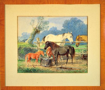 27122714k - Emil Volkers, 1831 Birkenfeld-1905 Düsseldorf, Pferde und Fohlen an der Tränke, ...