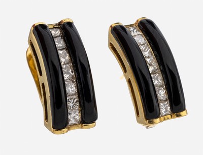 Image Paar 18 kt Gold Diamant-Onyx-Ohrstecker, GG750/000, 14 Princess Cut Diamanten zus. ca. ...