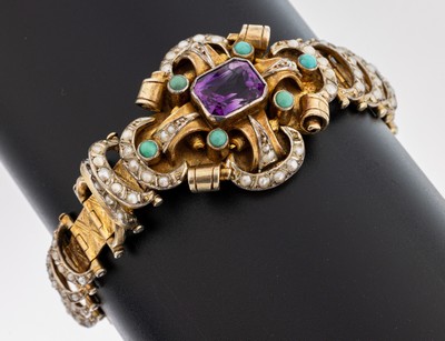 Image Amethyst-Perl-Türkis-Armband, um 1840-60, Silber gepr., verg., qualitätvolle ...