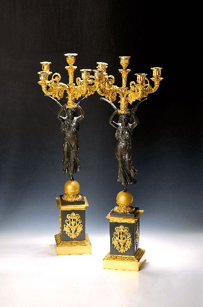 Image Paar große Figurenleuchter, Frankreich, um 1900, Empirestil, Bronze teils brüniert, ...