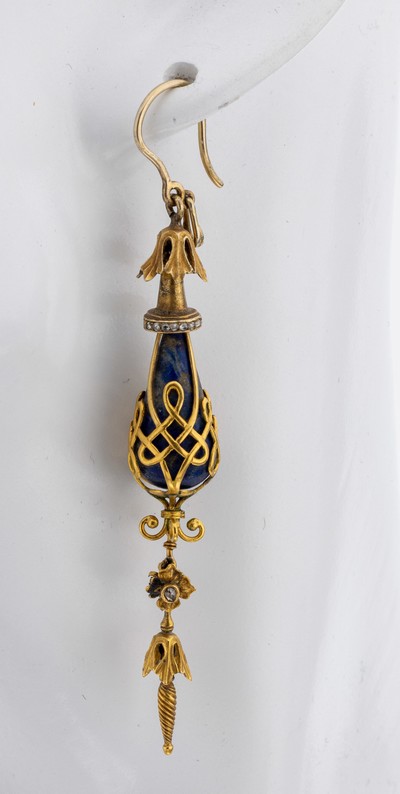 27122742a - Paar 18 kt Gold Lapislazuli-Diamant-Ohrhänger,um 1870-90, GG 750/000, ungewöhnliches ...