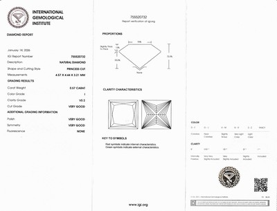 27122759a - Loser Diamant 0.57 ct leicht getöntes Weiß(I)/vs2, Princess-Cut, Politur und Symmetrie ...