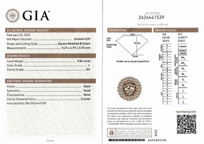 27122762b - Loser Diamant 0.84 ct leicht getöntes Weiß(J)/si1, Princess-Cut, Politur und Symmetrie ...
