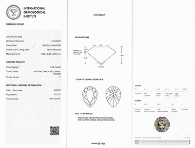 27122766a - Loser Diamant 0.74 ct Natural Fancy yellowish Brown/p1, Tropfen, Politur und Symmetrie ...