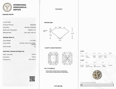 27122768a - Loser Diamant 1.14 ct Natural Fancy yellowish Brown/si2, Smaragdschliff, Politur und ...