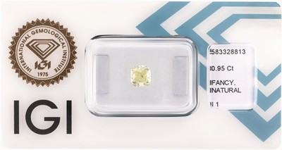 Image Loser Diamant 0.95 ct Natural Fancy light Yellow/p1, Kissenschliff, Politur und Symmetrie ...