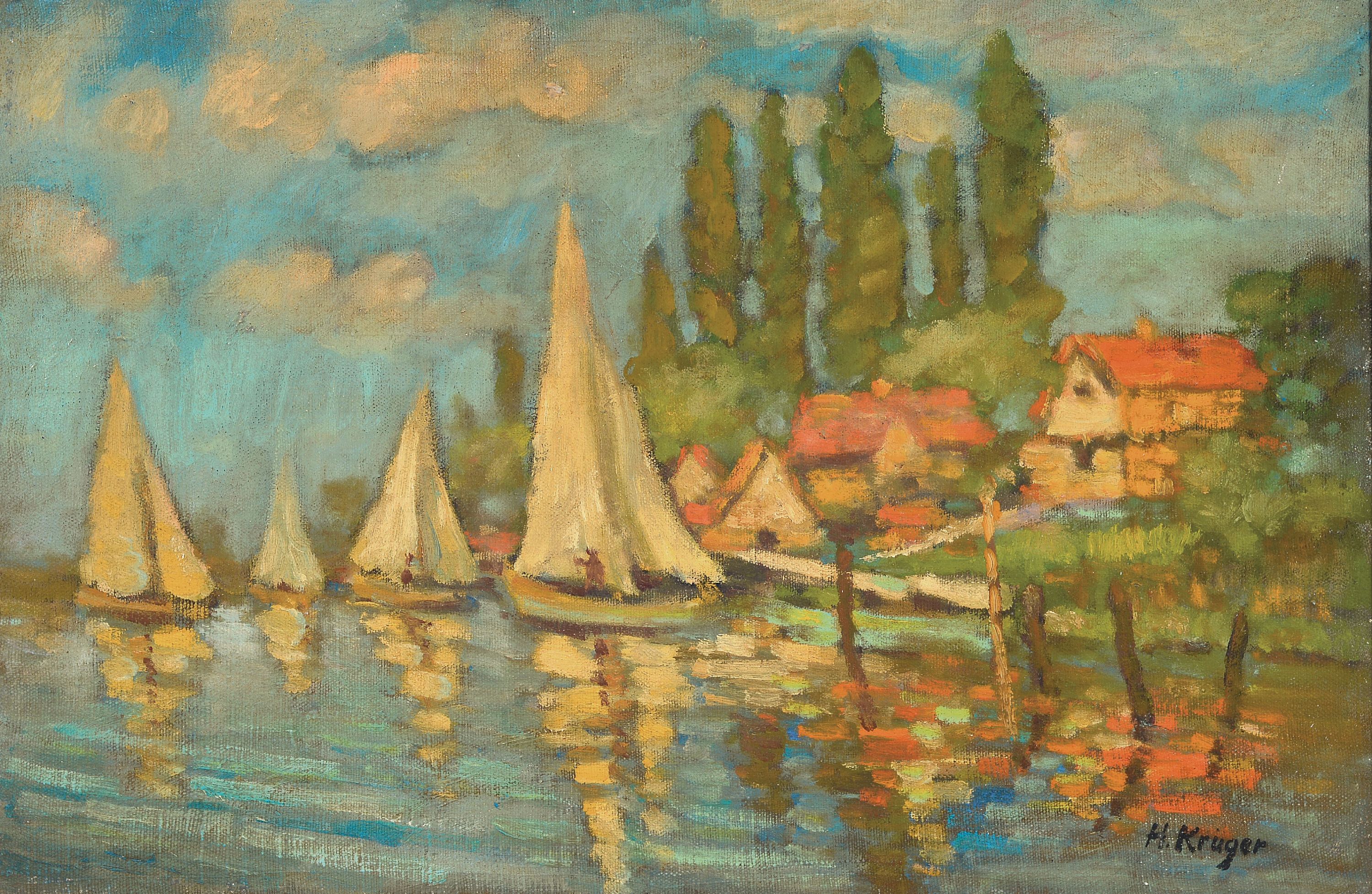 Image 27123161 - Hans Krüger, 1883-1964, norddeutsche Landschaft mit Segelbooten nahe dem Ufer, rechts ...