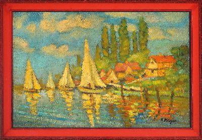27123161k - Hans Krüger, 1883-1964, norddeutsche Landschaft mit Segelbooten nahe dem Ufer, rechts ...