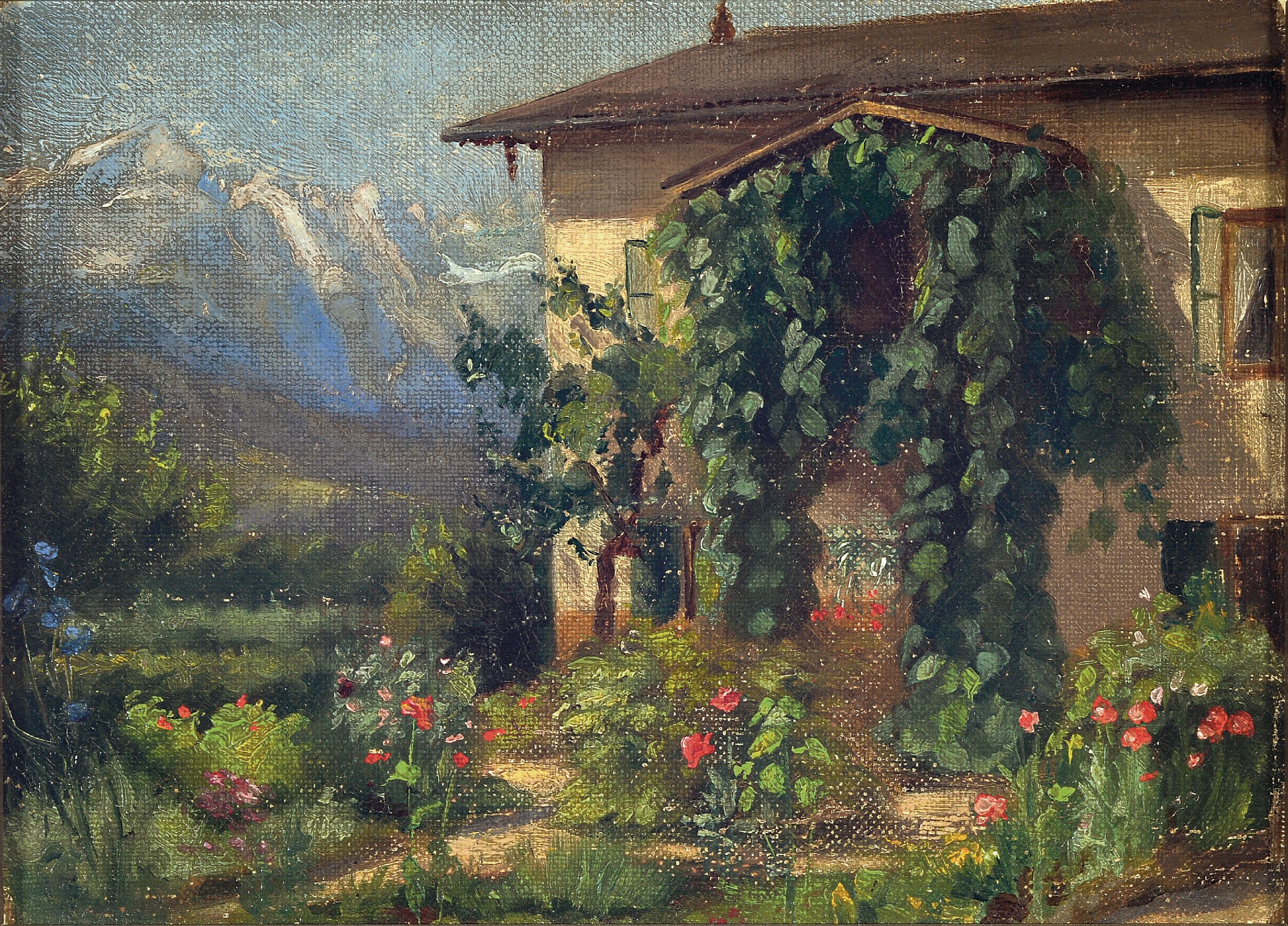Image 27123218 - Hans Deiters, 1868 Düsseldorf-1922 München, Haus mit Kräutergarten vor Alpenpanorama, ...