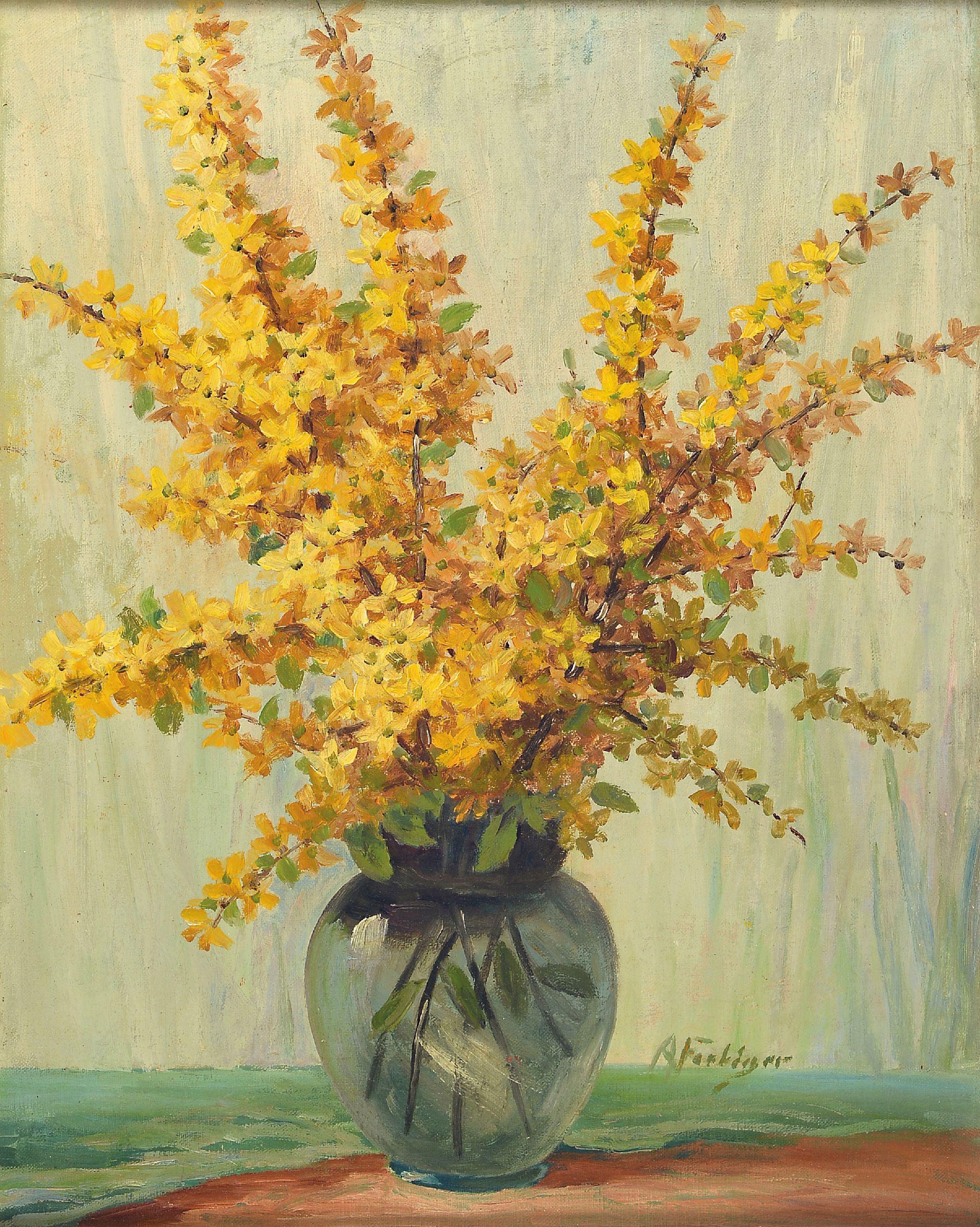 Image 27123225 - Fiebiger, 1869 Bärenstein-?, Stillleben mit blühenden Forsythienweigen, signiert, ...