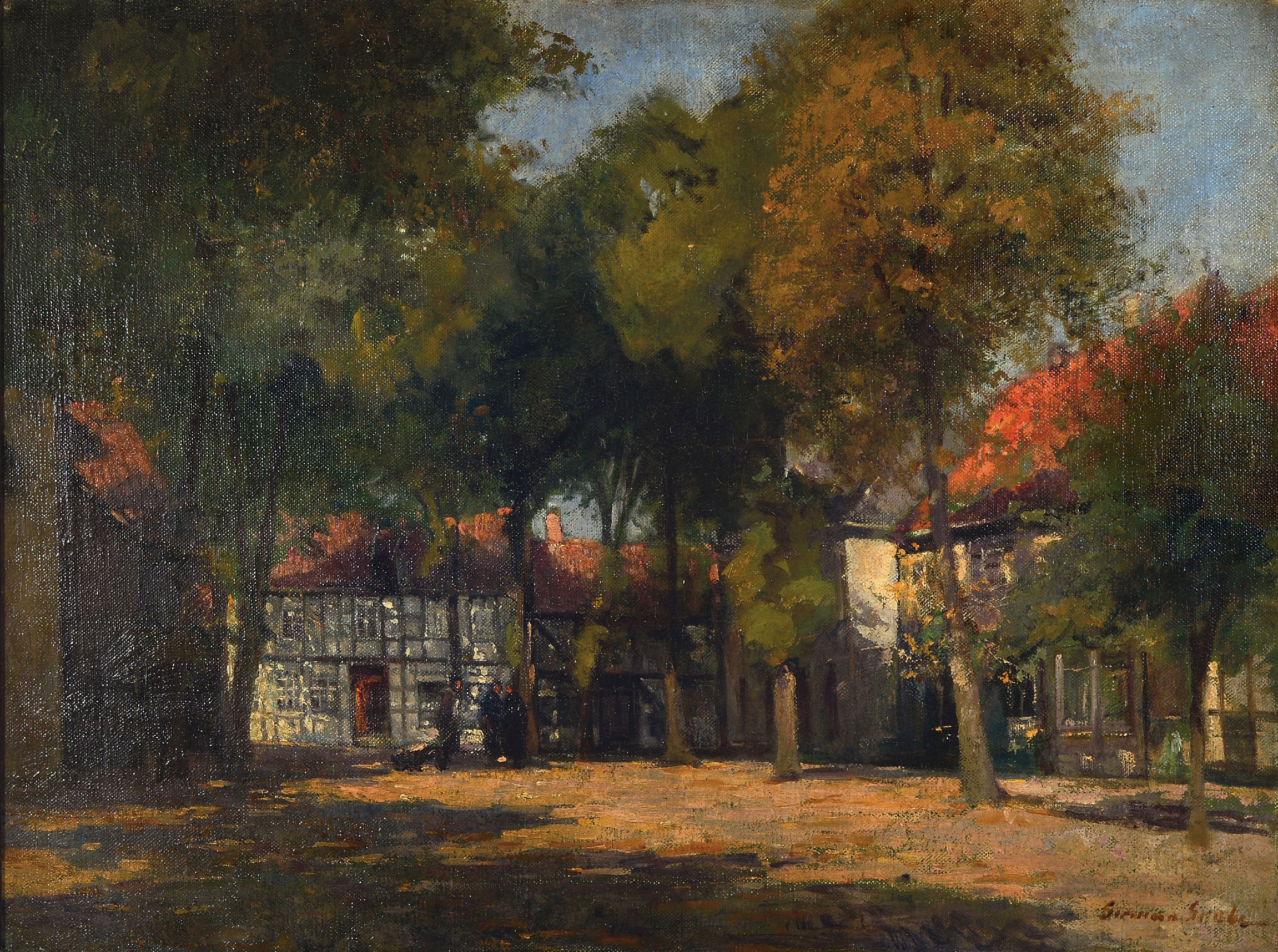 Image 27123233 - German Grobe, 1857 Hanau-1938 Düsseldorf, Ansicht aus Bad Essen, beschatteter Platz mit ...